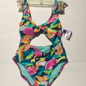 Tropical Fruit Print Cutout One-Piece Swimsuit - Pink/Teal